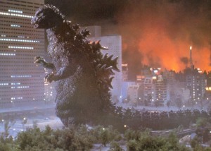 Godzilla stomping through a burning Tokyo